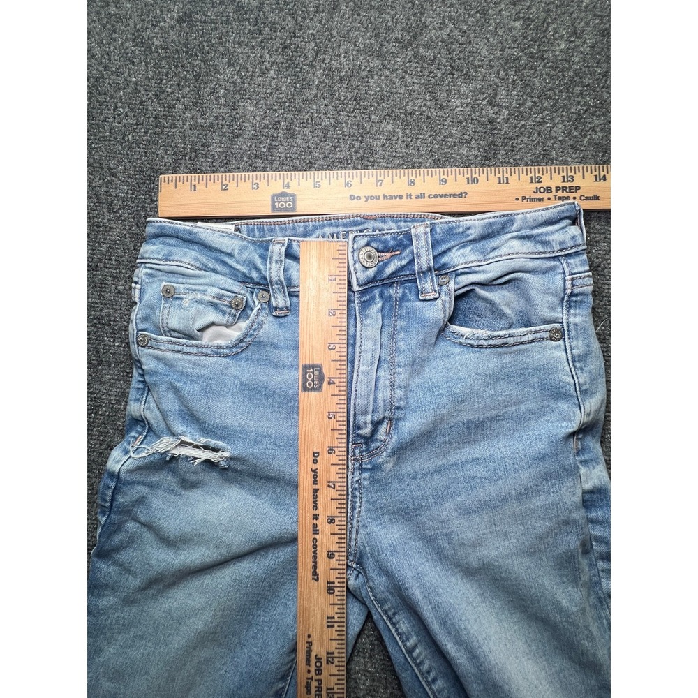 American Eagle Super High-Rise Flare Jeans Light Wash Distressed Size 4 Long - Picture 5 of 14